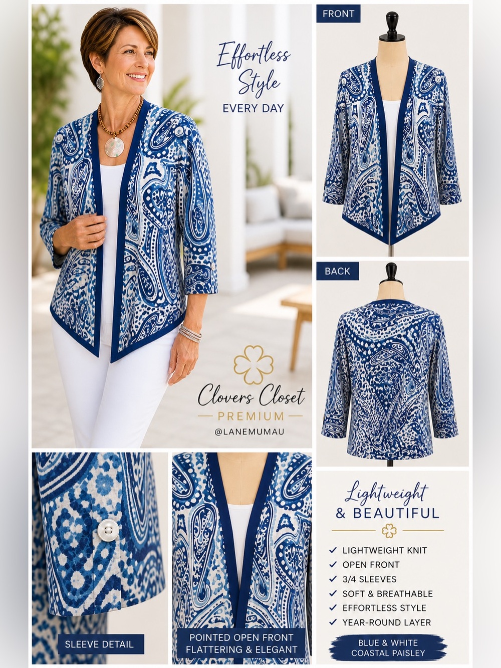 Chico’s Blue Paisley 3/4 Sleeve Lightweight Sweater Size 1 US M